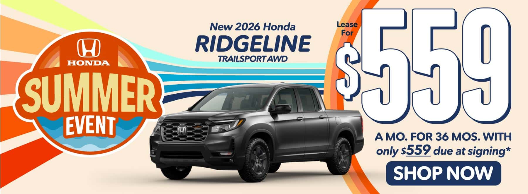 2026 Honda Ridgeline TrailSport AWD Lease for $559 a month for 36 Months with Only $559 due at signing*