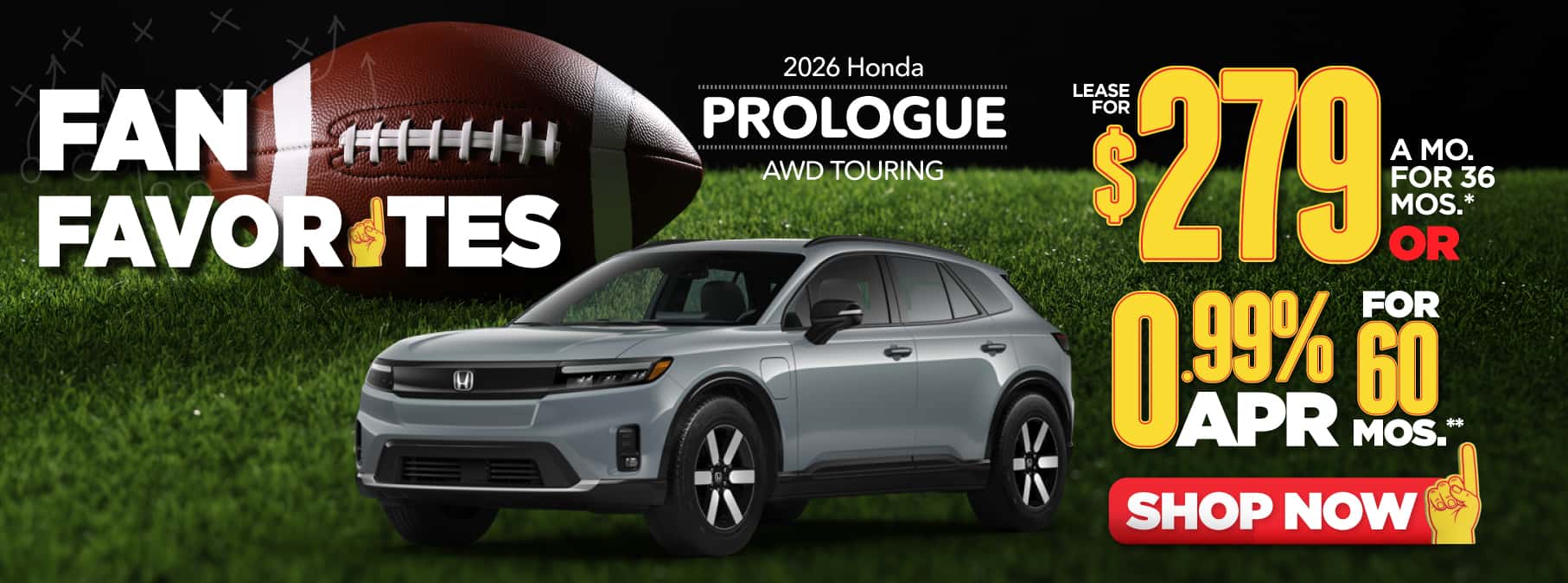 2026 Honda Prologue AWD Touring Lease for $279 a month for 36 Months* or 0.99% APR for 60 months**