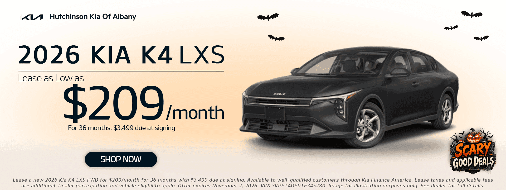 2026 Kia K4 LXS at Hutchinson Kia of Albany: lease as low as $209/month for 36 months with $3,499 due at signing