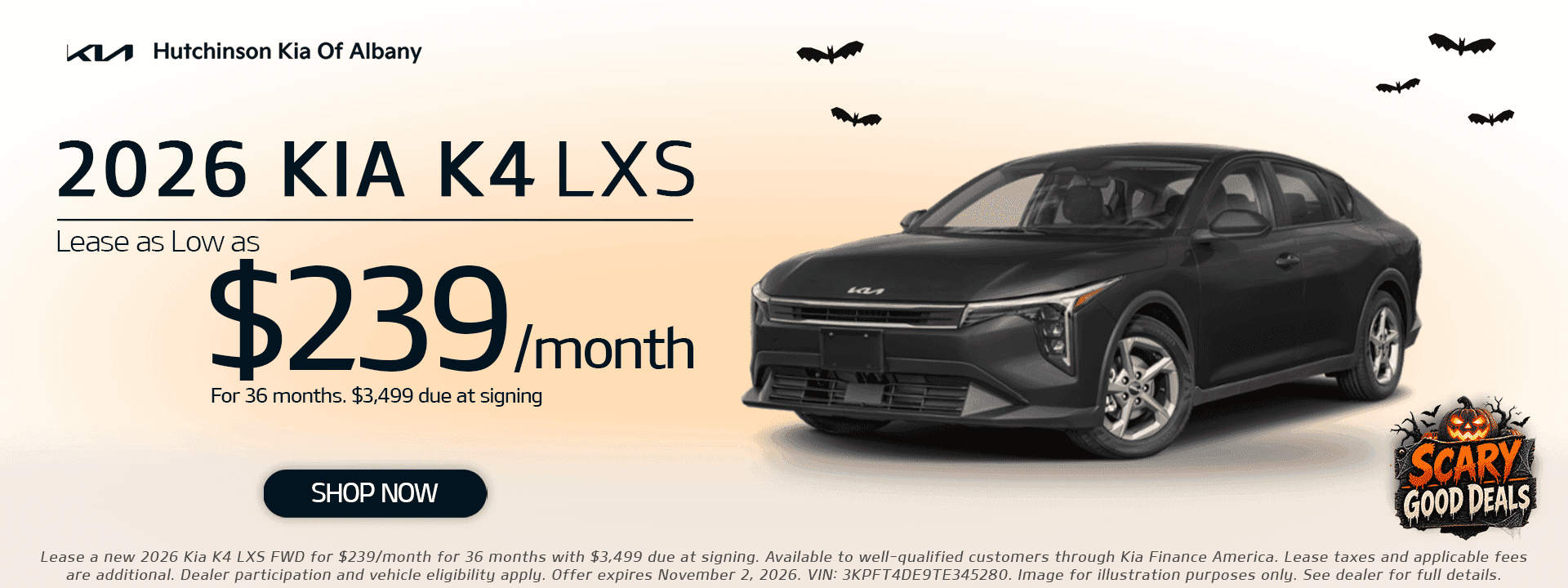 2026 Kia K4 LXS at Hutchinson Kia of Albany: lease as low as $239/month for 36 months with $3,499 due at signing