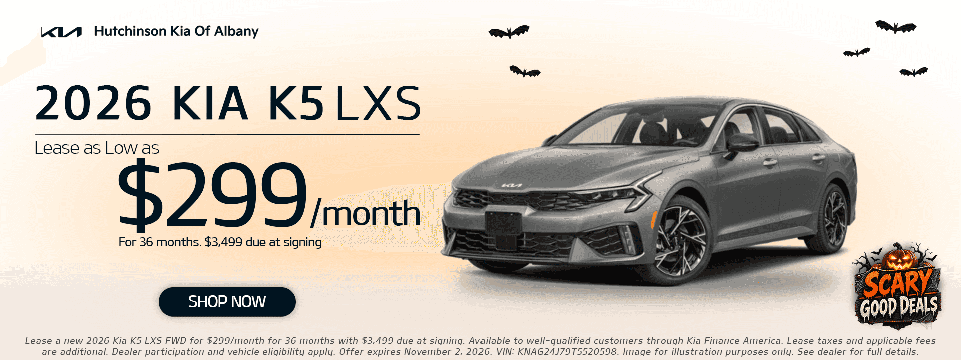 2026 Kia K5 LXS at Hutchinson Kia of Albany: lease as low as $299/month for 36 months with $3,499 due at signing