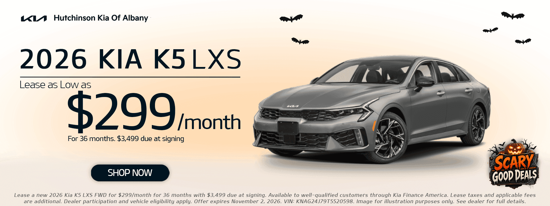 2026 Kia K5 LXS at Hutchinson Kia of Albany: lease as low as $299/month for 36 months with $3,499 due at signing