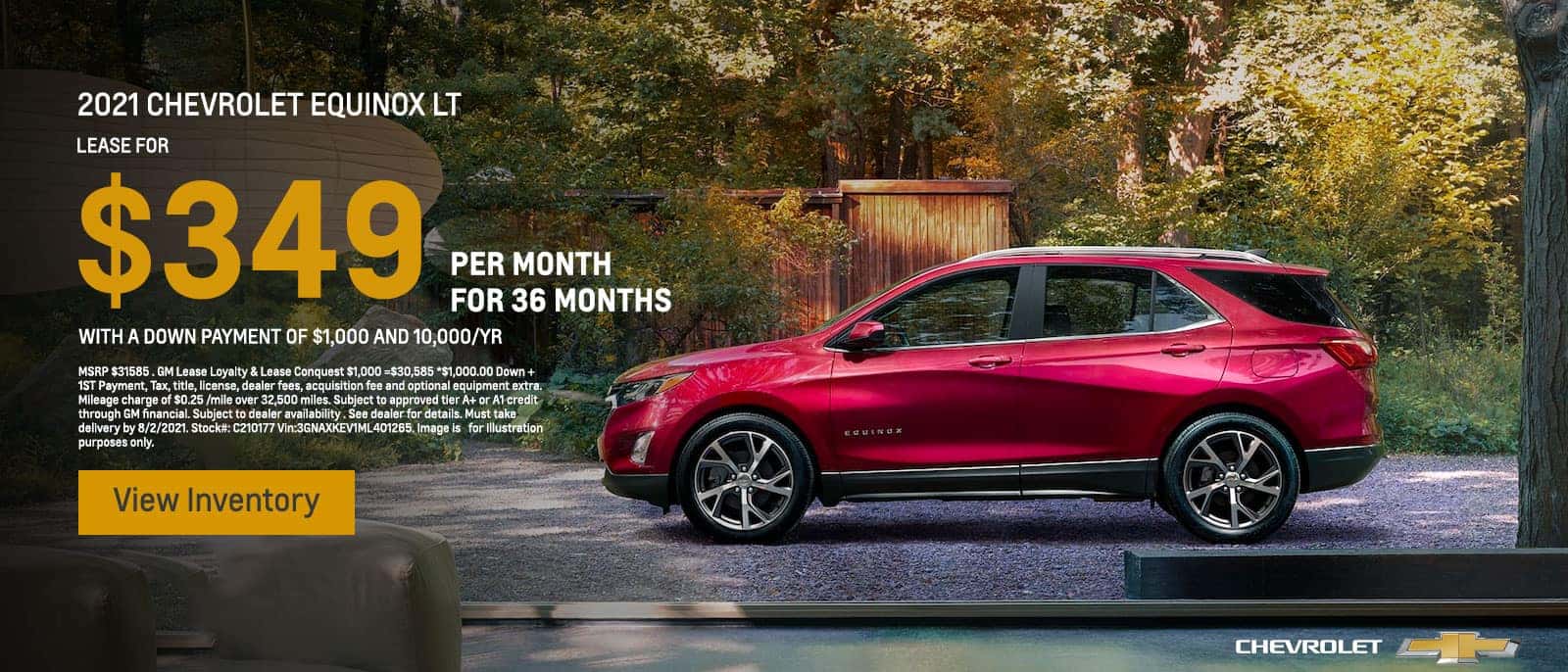 2021 Chevrolet Equinox LT Lease for $349/MO @ 39 MONTHS with a Down Payment of $1,000 and 10,000/YR