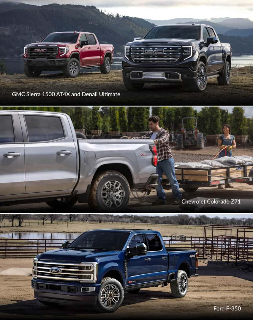 Top: 2026 GMC Sierra AT4X and Denali Ultimate. Middle: 2026 Chevrolet Colorado Z71. Bottom: blue Ford F-350.