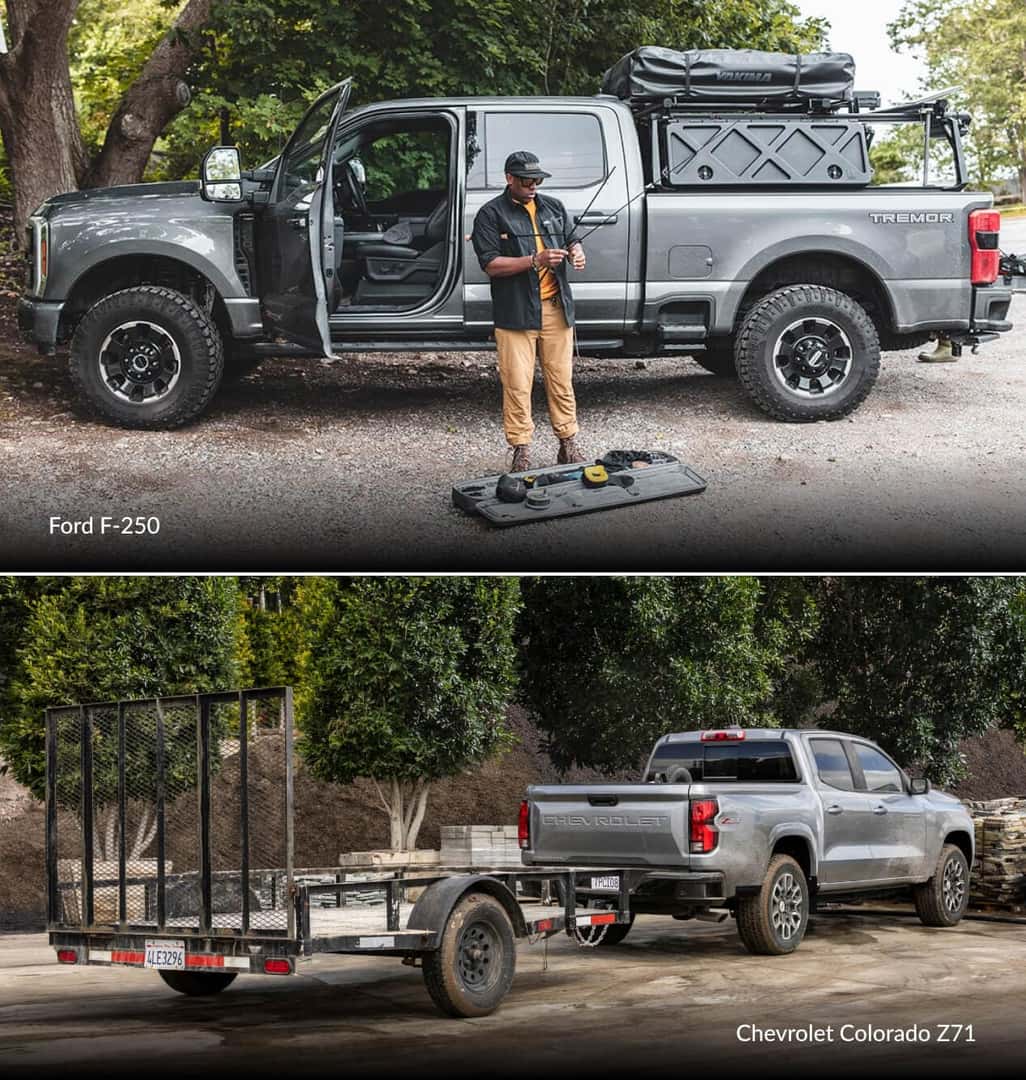 Top: Ford F-250 Super Duty Lariat Tremor in Stone Gray Metallic. Bottom: 2026 Chevrolet Colorado Z71 towing a trailer.