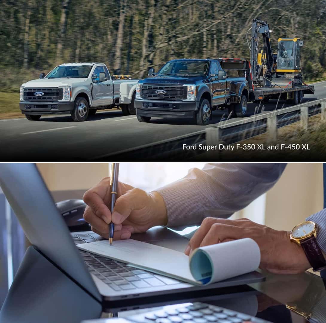 Top: 2026 Ford Super Duty F-350 XL and F-450 XL hauling equipment. Bottom: person completing paperwork on a laptop.