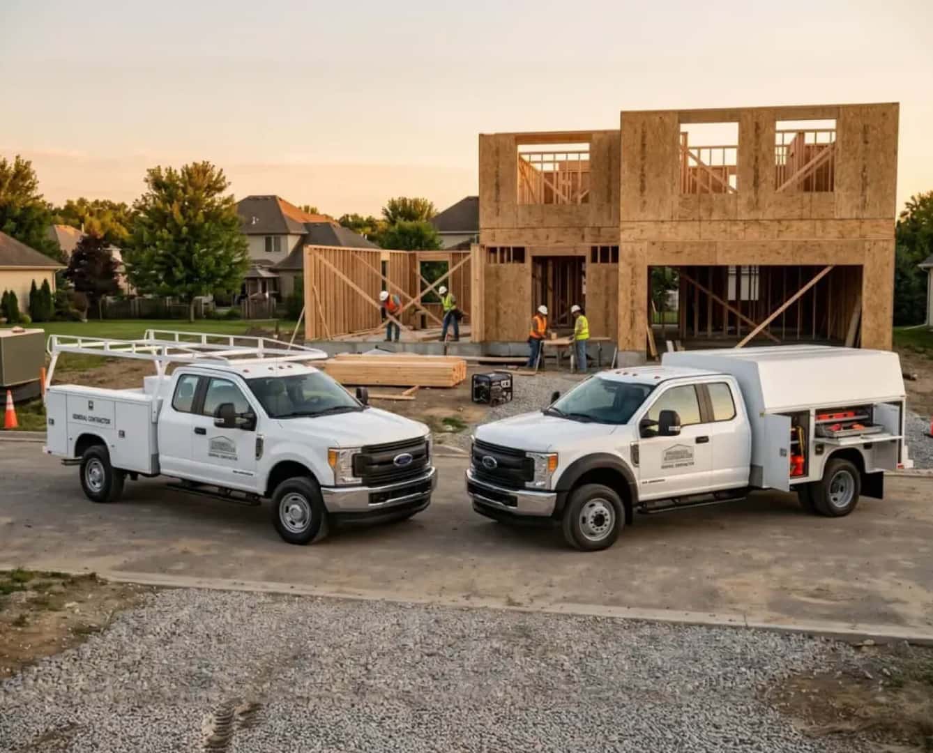 Two Ford utility trucks parked at a home construction site.
