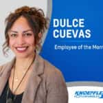 Professional headshot of Dulce Cuevas smiling, with text reading “Dulce Cuevas – Employee of the Month” and Knoepfler Chevrolet branding on a blue background.