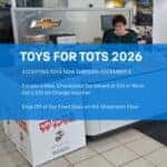 Toys for tots collection box at Knoepfler Chevrolet Front Desk