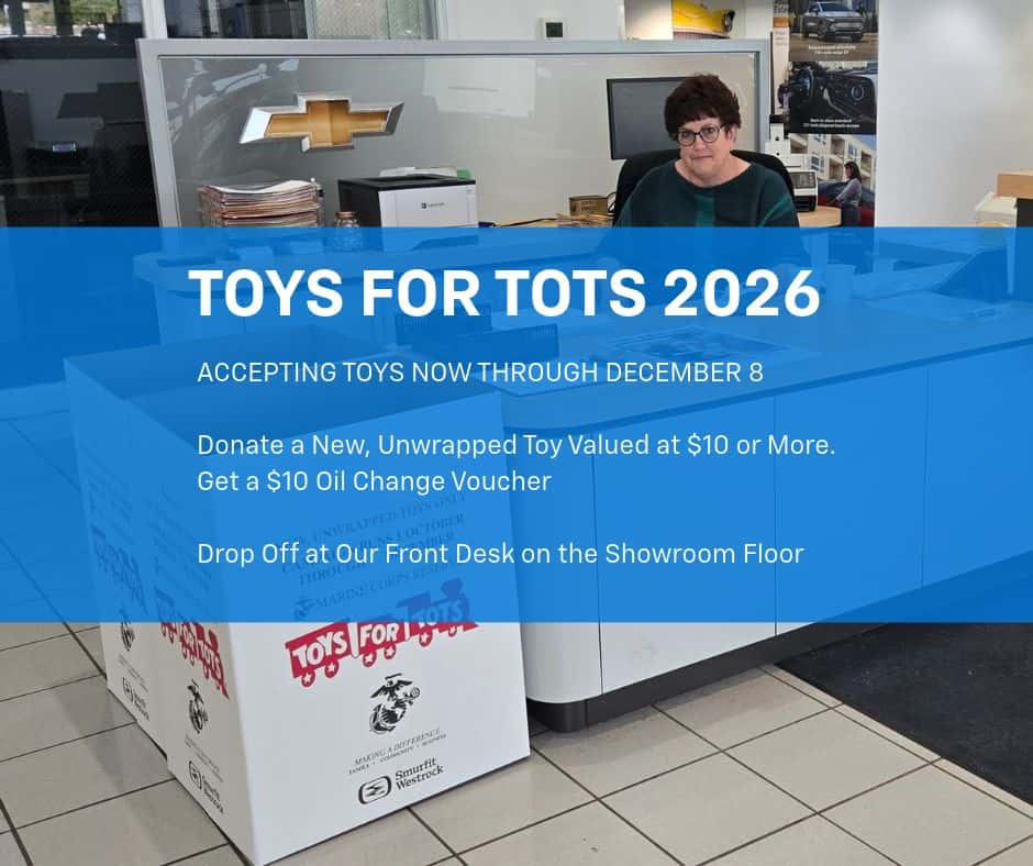 Toys for tots collection box at Knoepfler Chevrolet Front Desk