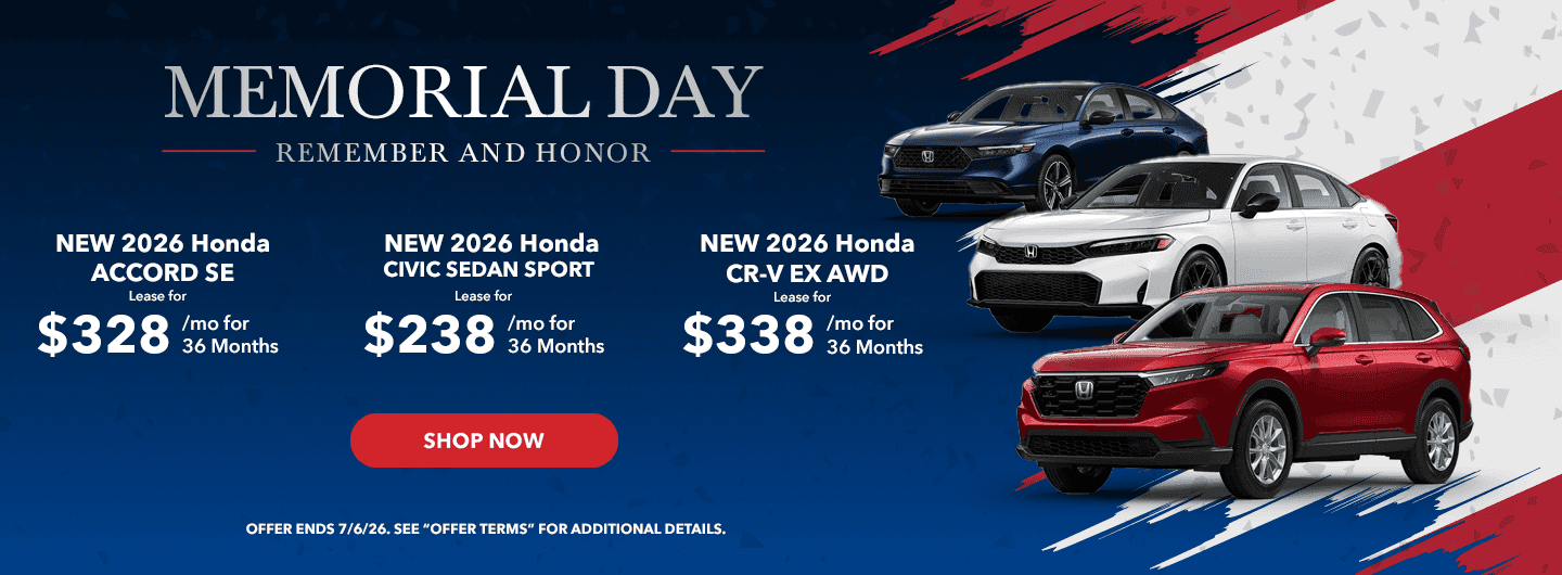 Headline: 2026 Accord SE Lease for $328/mo for 36 Months 2026 Civic Sedan Sport Lease for $238/mo for 36 Months Subtext: 2026 CR-V EX Lease for $338/mo for 36 Months