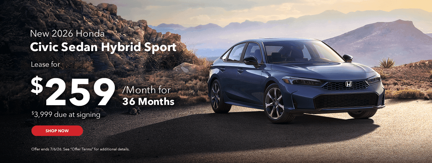 New 2026 Honda Civic Sedan Hybrid Sport Lease for $259/mo for 36 Months $3,999 due at signing