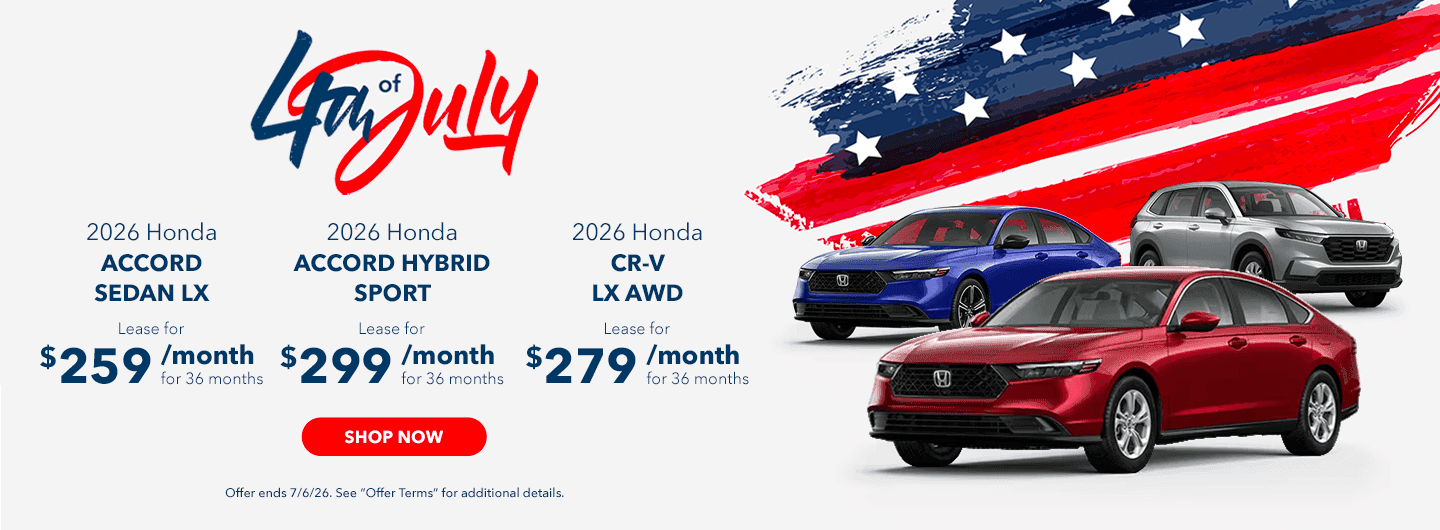 2026 Accord Sedan LX Lease for $259/mo for 36 Months 2026 Accord Hybrid Sport Lease for $299/mo for 36 Months Subtext: 2026 CR-V LX AWD Lease for $279/mo for 36 Months