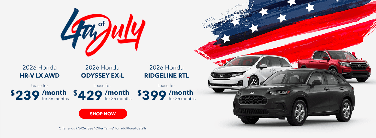 2026 HR-V LX AWD Lease for $239/mo for 36 Months 2026 Odyssey EX-L Lease for $429/mo for 36 Months 2026 Ridgeline RTL Lease for $399/mo for 36 Months