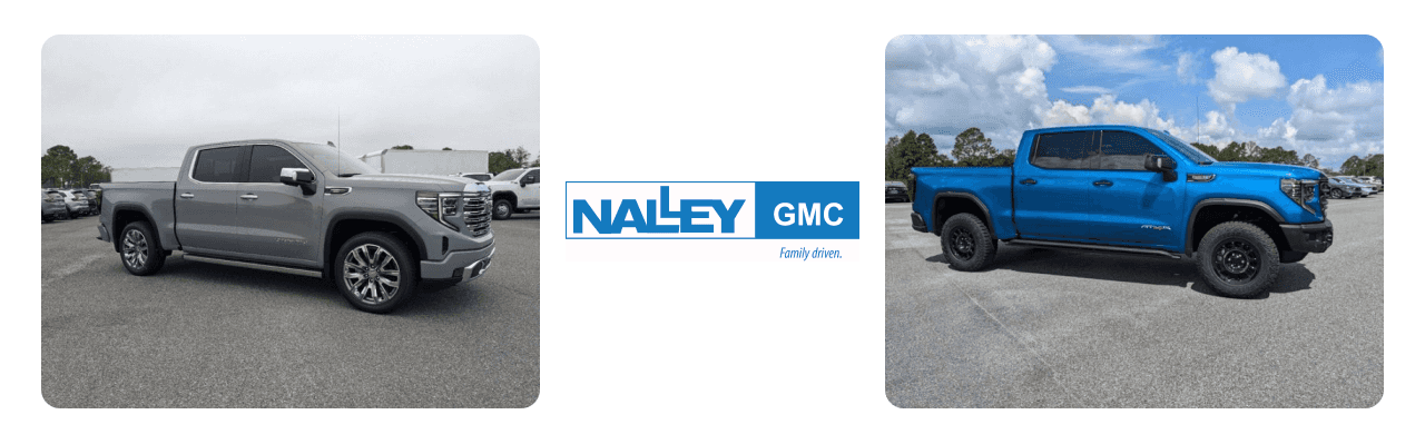 Nalley GMC dealership in Brunswick, GA, showcasing GMC Sierra trucks and accessories on the lot.