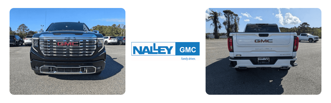 Close-up of GMC Sierra trucks on display at Nalley GMC in Brunswick, GA.
