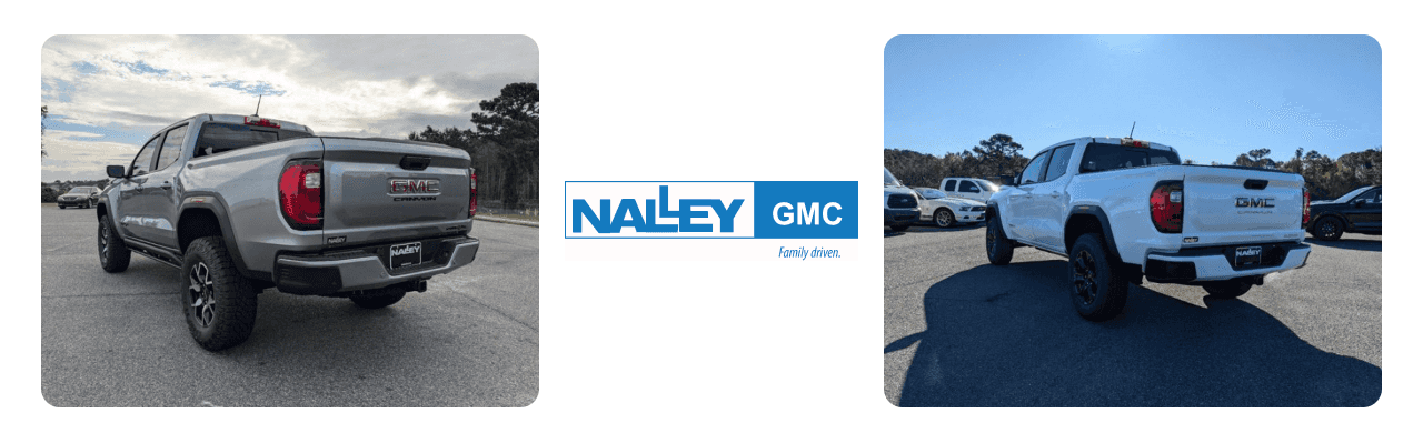 GMC Canyon trucks parked at Nalley GMC dealership.