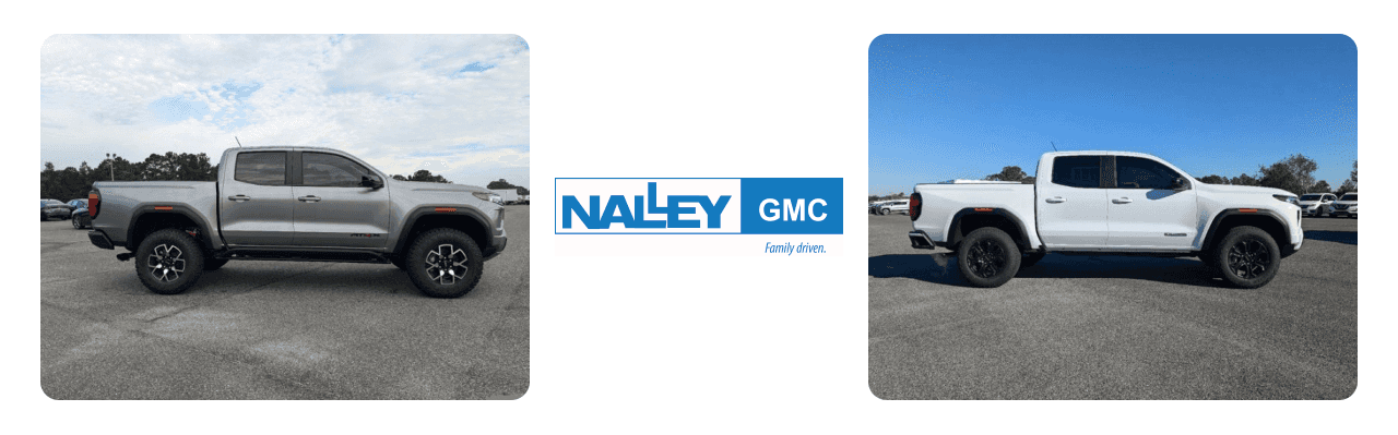 Nalley GMC dealership in Brunswick with a lineup of GMC Canyon trucks for sale.