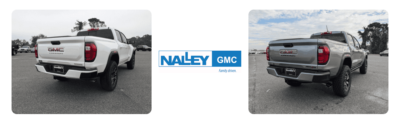 GMC Canyons with premium accessories, parked in front of Nalley GMC