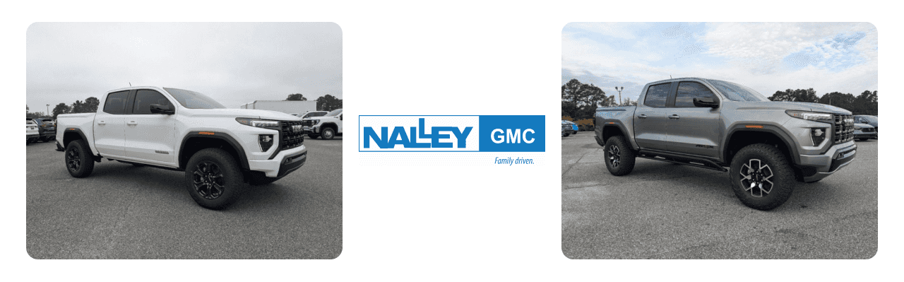 Nalley GMC dealership in Brunswick, showcasing a lineup of GMC Canyon trucks.