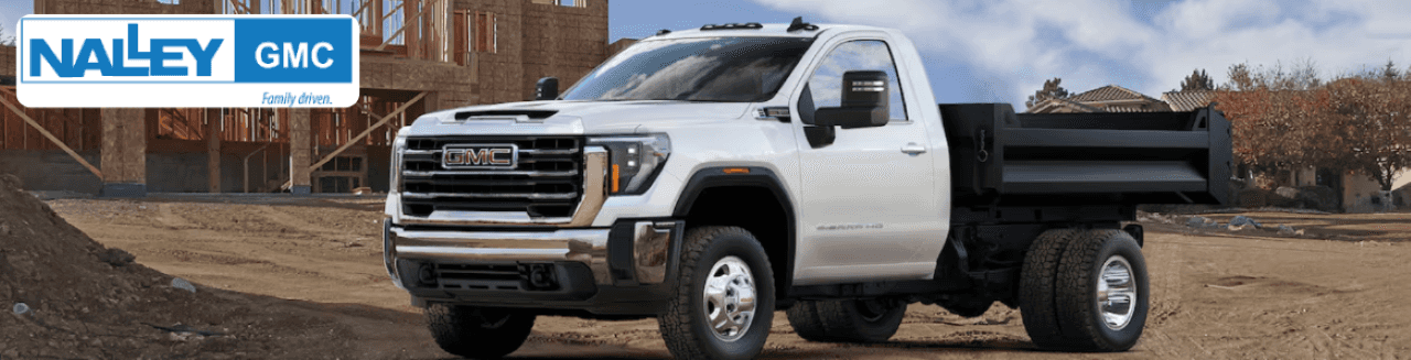 The GMC 3500 HD truck is on display at the Nalley GMC dealership, highlighting its strength and design.