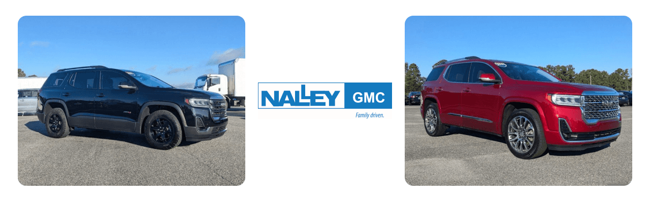 Nalley GMC dealership showcasing a sleek GMC Acadia SUV in front of the showroom near Savannah, GA.