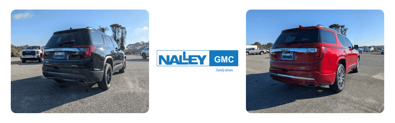 Nalley GMC dealership showcasing a sleek GMC Acadia SUV in front of the showroom near Savannah, GA.