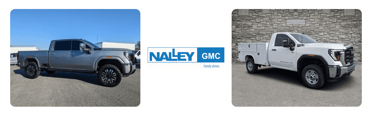 Nalley GMC dealership near Savannah, featuring a lineup of GMC 2500 trucks ready for test drives.