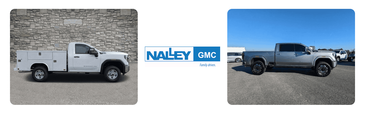 Nalley GMC dealership near Savannah, featuring a lineup of GMC 2500 trucks ready for test drives.