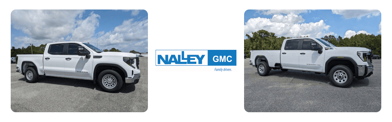 Front view of Nalley GMC dealership in Brunswick, GA, showcasing a lineup of GMC trucks.