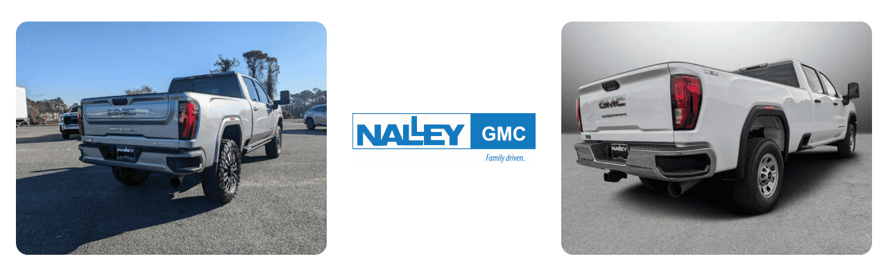 Close-up of a GMC truck parked at Nalley GMC in Brunswick, highlighting its rugged and stylish design.