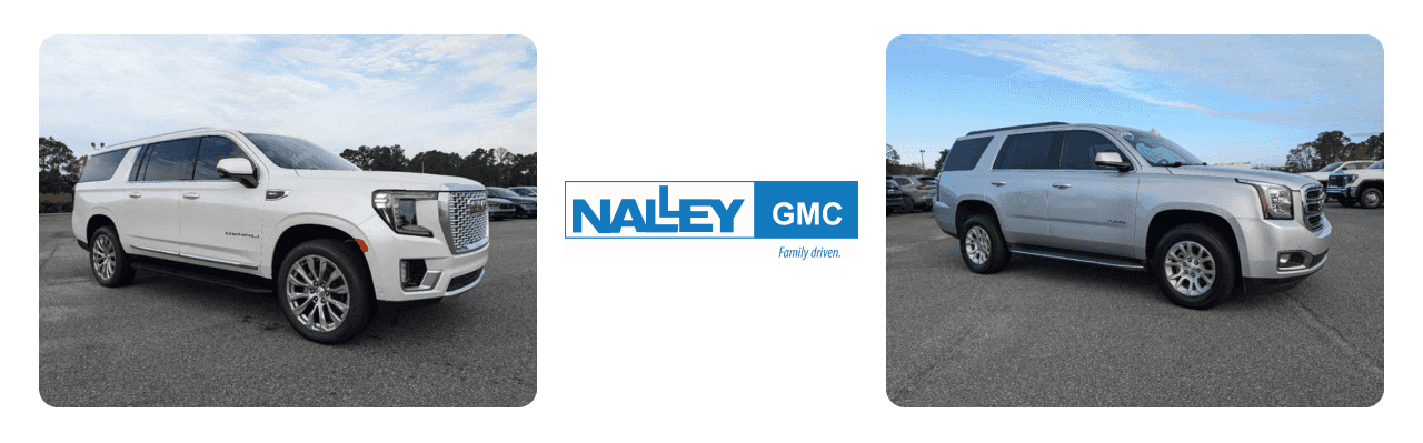 Nalley GMC dealership in Brunswick, GA, showcasing a lineup of GMC Yukon SUVs.
