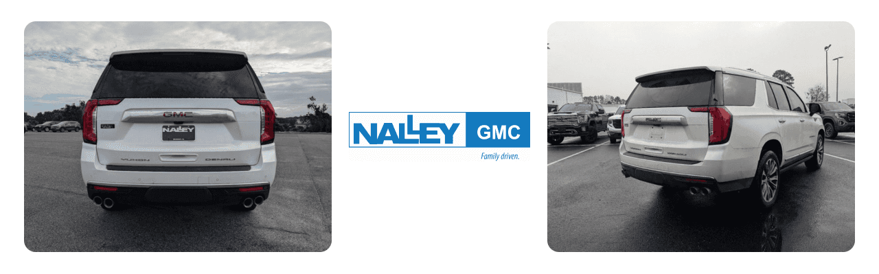 Nalley GMC dealership in Brunswick showcasing a lineup of GMC Yukon SUVs.