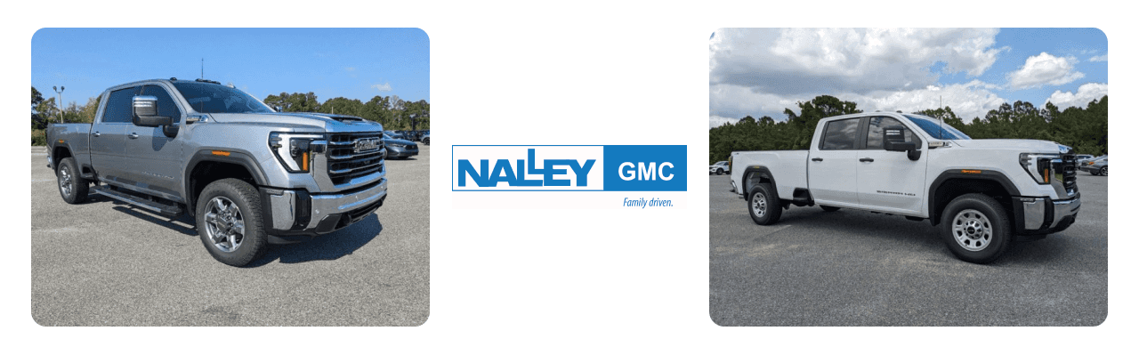 Exterior view of Nalley GMC dealership featuring a modern showroom and GMC vehicles near Savannah, GA.
