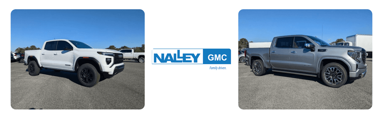 A lineup of used GMC trucks parked at Nalley GMC in Brunswick, GA, ready for test drives.