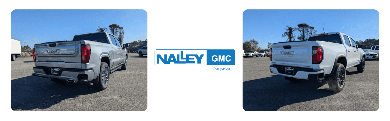 A lineup of used GMC trucks parked at Nalley GMC in Brunswick, GA, ready for test drives.