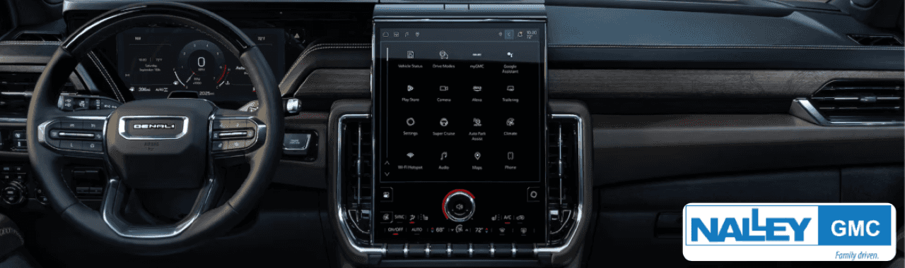 Interior view of the 2025 GMC Yukon showing spacious seating and premium tech features
