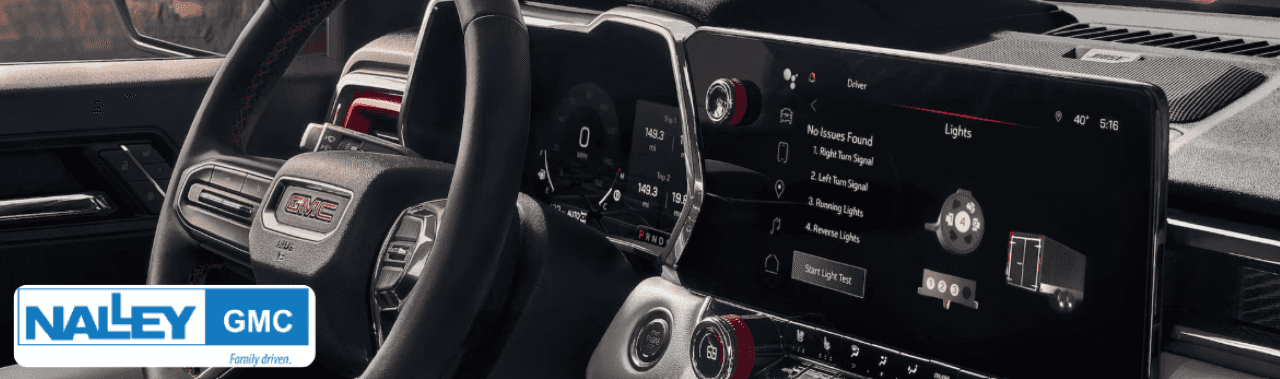 Interior shot of the 2025 GMC Canyon showing modern technology and premium seating.