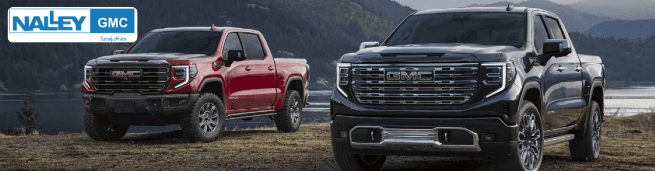 New GMC Sierra trucks lined up outside Nalley Brunswick GMC, ready for test drives.