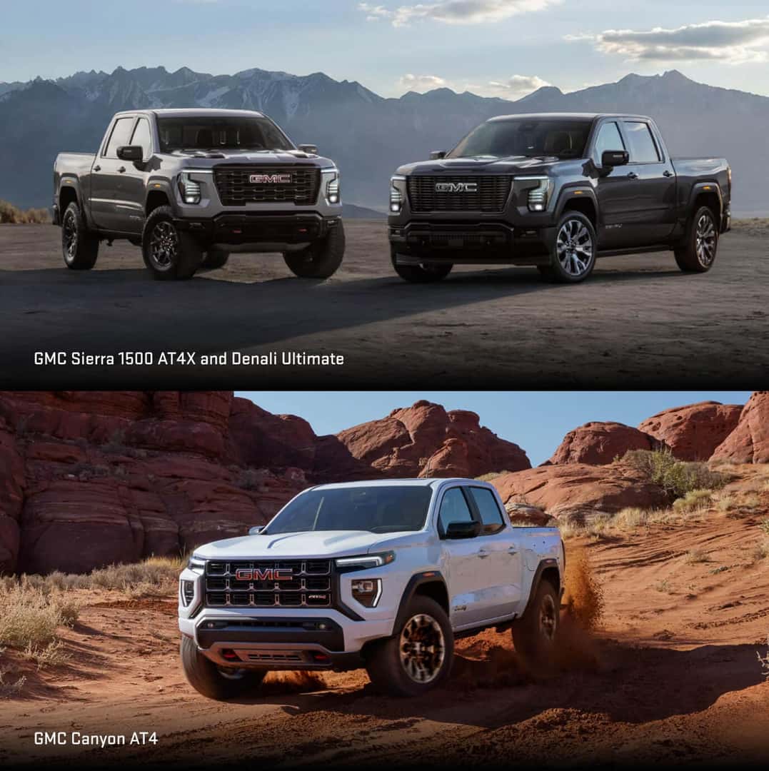 A GMC Sierra 1500 AT4X and Denali Ultimate parked in a mountain clearing. A GMC Canyon AT4 drives on a sandy trail.
