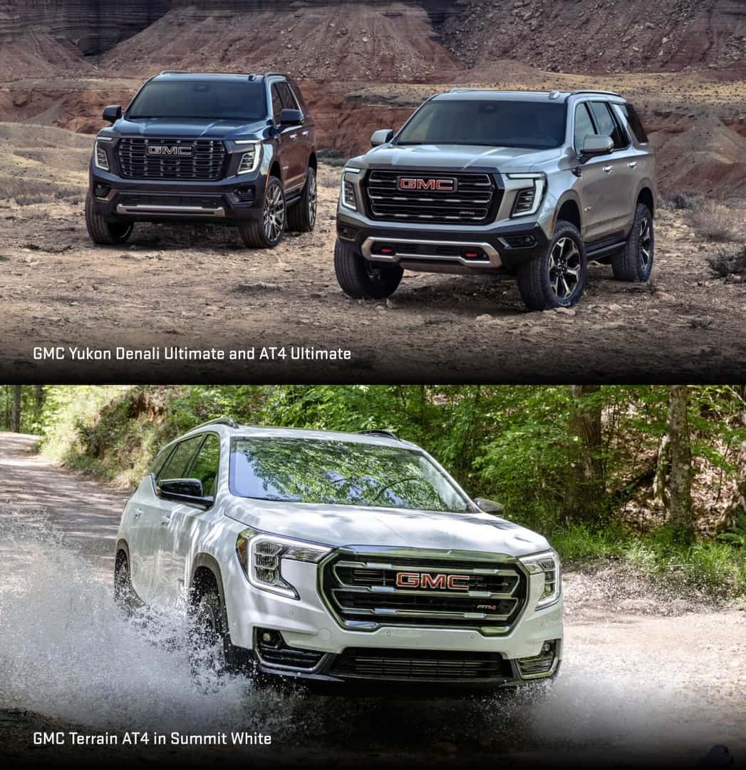 A GMC Yukon Denali Ultimate and AT4 Ultimate parked on a rocky trail. A GMC Terrain AT4 in Summit White splashes through a creek.
