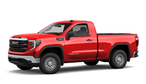 Red GMC Sierra 1500 pickup truck shown in a front three-quarter view.
