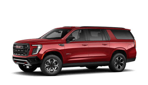 2026 GMC Yukon XL AT4 Ultimate in Volcanic Red Tintcoat, front three-quarter studio view.