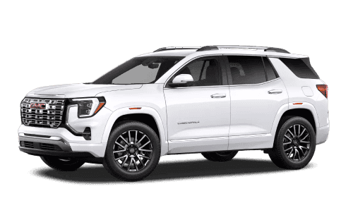2026 GMC Terrain Denali in Summit White in three quarter angle.