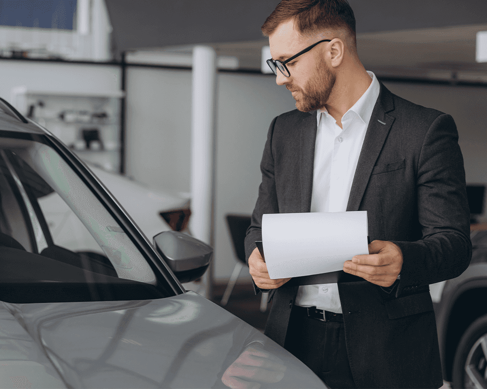 Why drivers should consider an extended warranty on their Toyota at Palmiero Toyota | Man looking at new car while holding on to clipboard with papers to read 