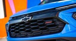 A close up of the grille on a blue 2024 Chevy Trailblazer RS for sale is shown.