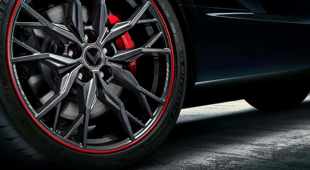 The black and red rim on a 2025 Chevy Corvette Stingray.