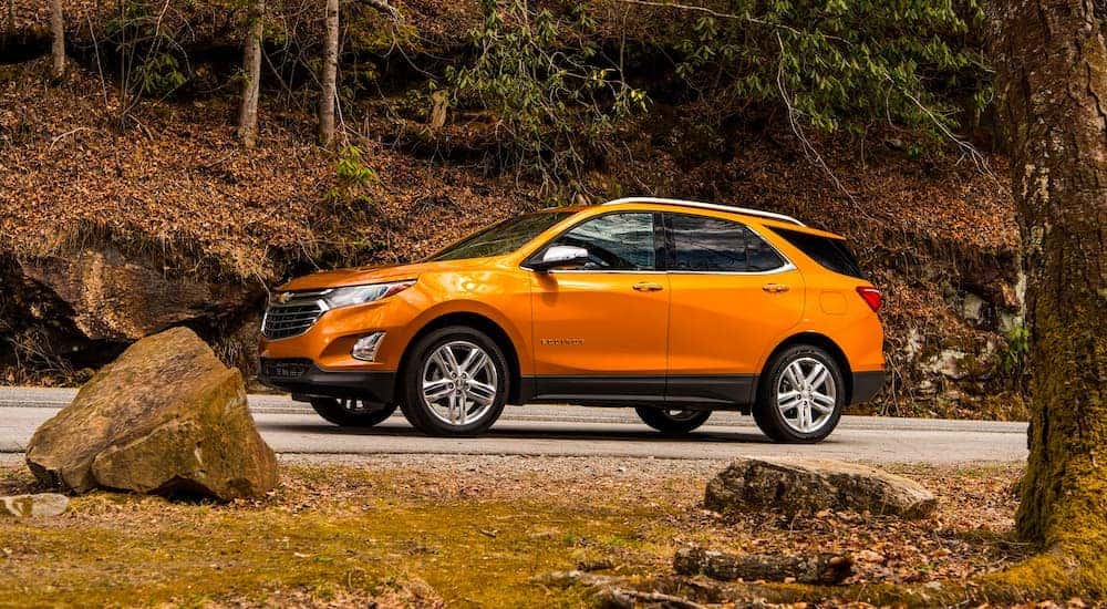 An orange 2019 Chevy Equinox driving by a forest road.