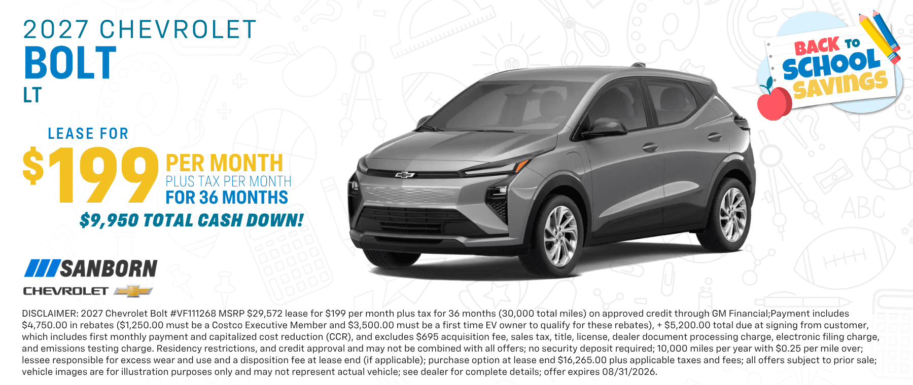 2027 Chevrolet Bolt EV LT $199 per month for 36 months