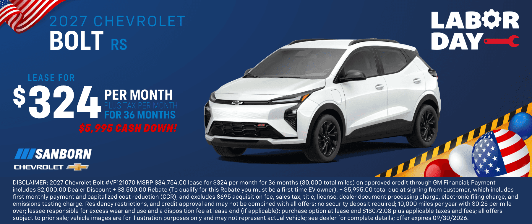 2027 Chevrolet Bolt EV RS $324 per month for 36 months